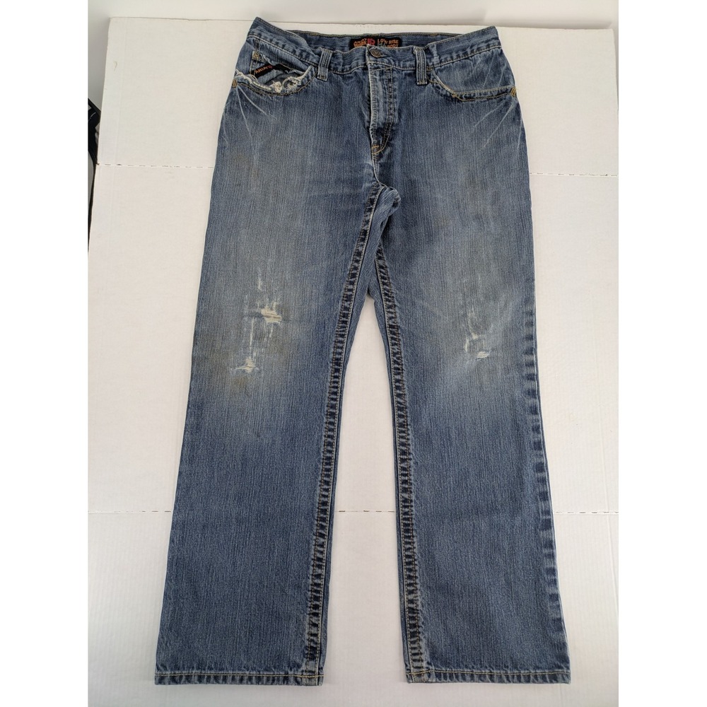 Ariat FR M4 Low Rise Boot Cut Jeans Mens 35x32 Blue Distressed Thrashed Workwear